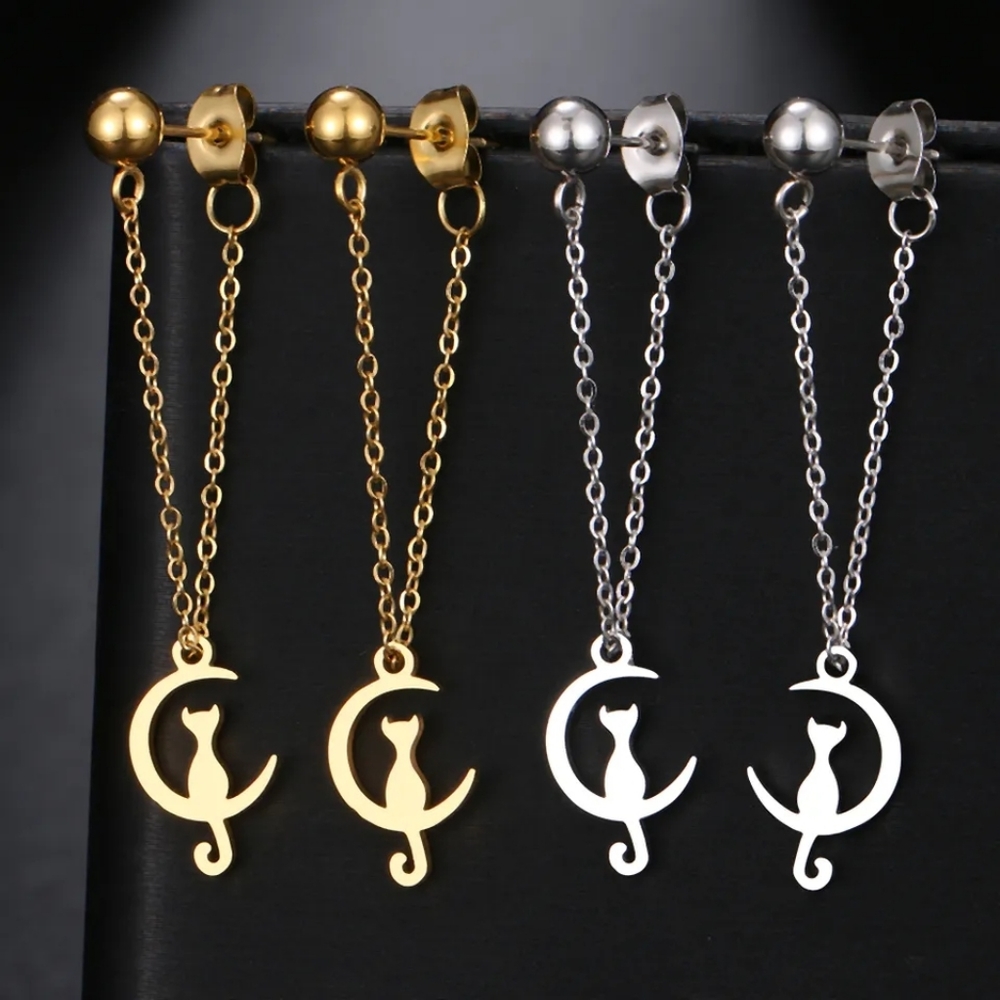 Delicate Moon Cat Earrings - Picture 3 of 5